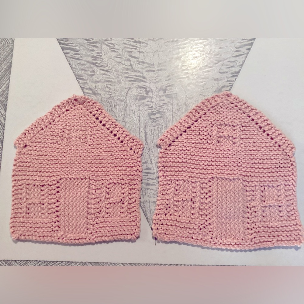 New Hand knit little pink houses